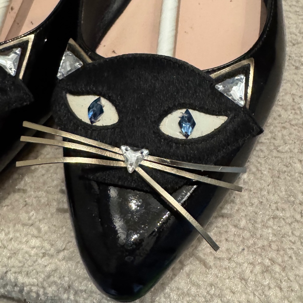 RARE kate spade NATASHA Black Patent Pointed-Toe Cat Face Flats - Picture 4 of 12